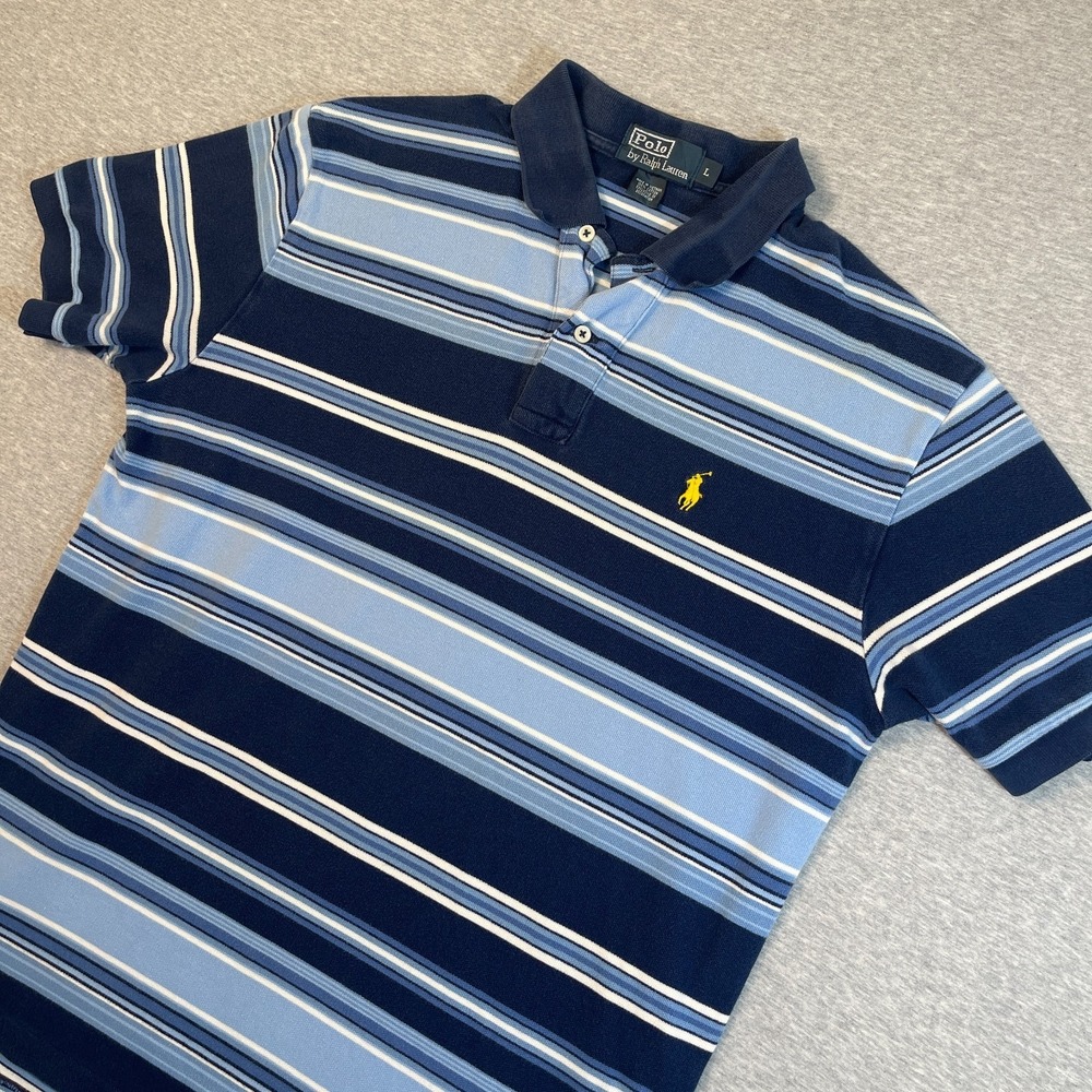 Polo Ralph Lauren Shirt Mens Large L Navy Stripe Pique Yellow Pony Polo Flaw
